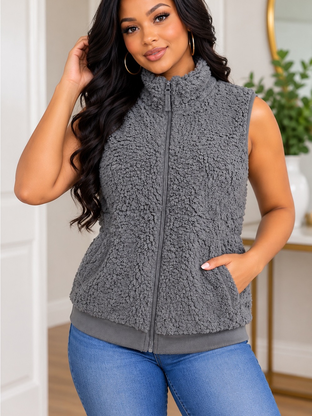 Time and Tru Gray Sherpa Zip Vest
